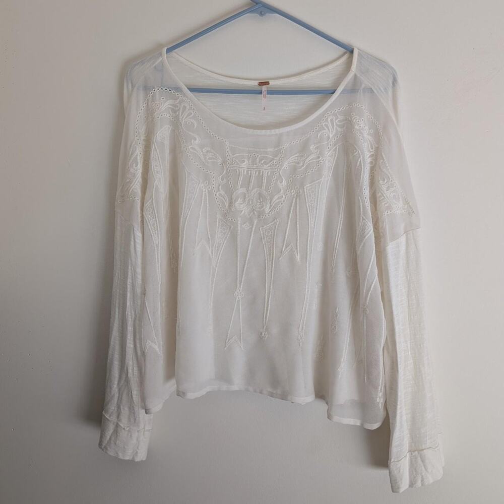 Free People White Embroidered Soutache Gauze High Low Long Sleeve Blouse S